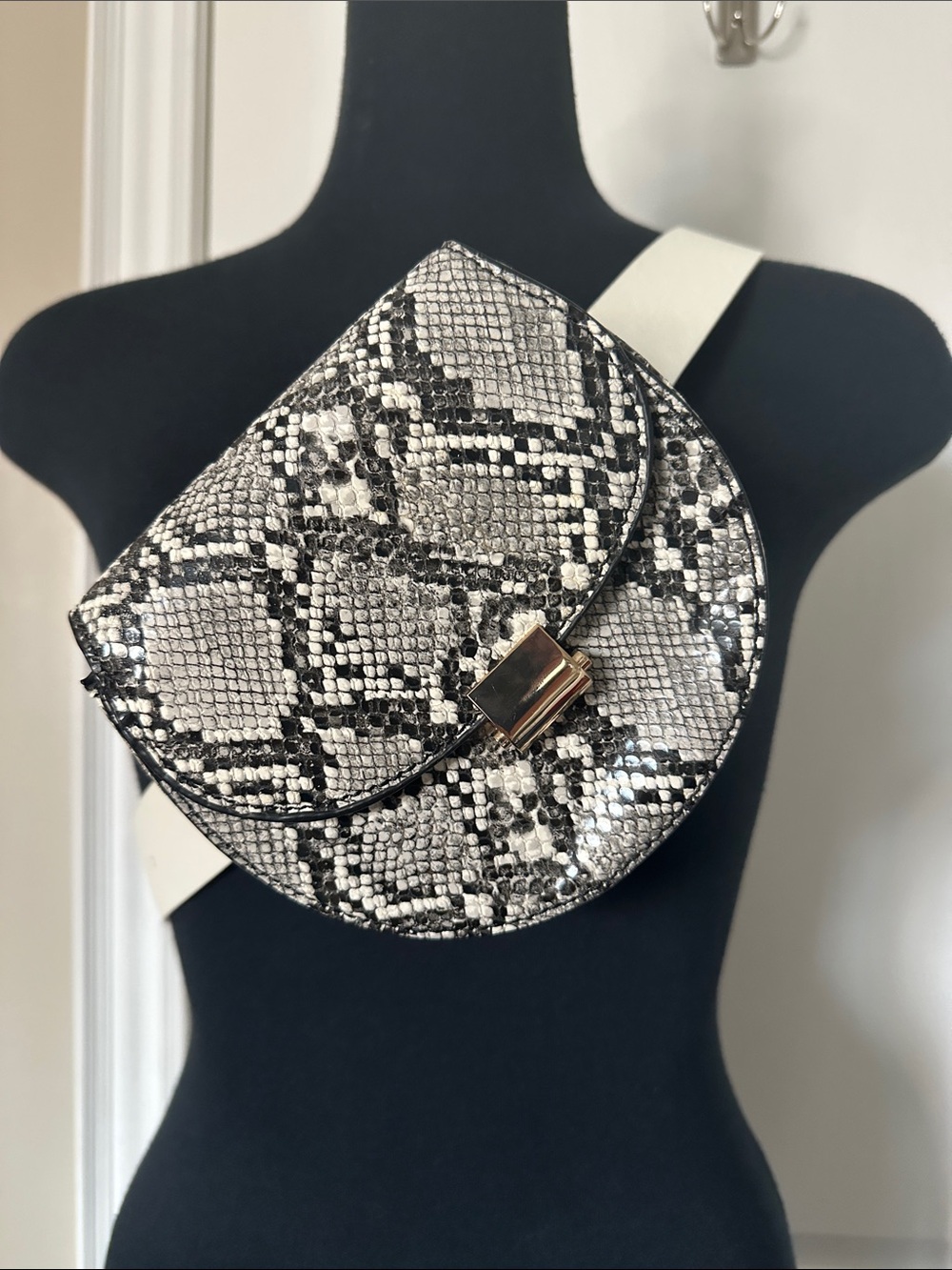 Mango Snake-Print Mini Crossbody Bag in Black & White with white belt buckle